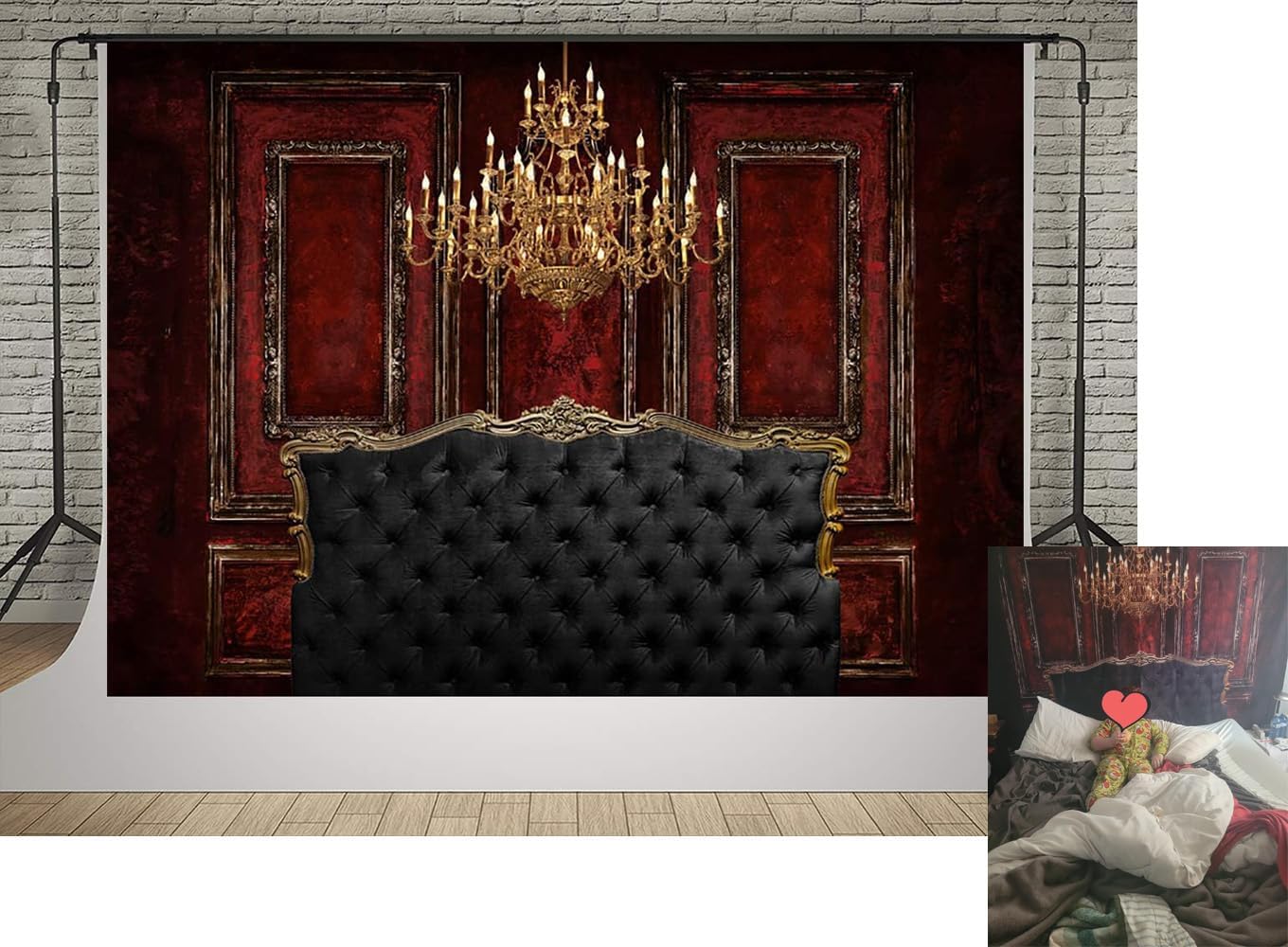 Kate Classic Interior Boudoir Photography Backdrops 7x5ft Red Vintage Wall and Chandelier Decoration and Black Headboard Backdrop Background Photocall