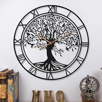 SIN&MI Large Tree of Life Clock Metal Black Wall Art Big Wall Clock Home Decor Living Room Clocks with Numbers Silent Mid-Century Modern Family Tree Clock Wall Spring