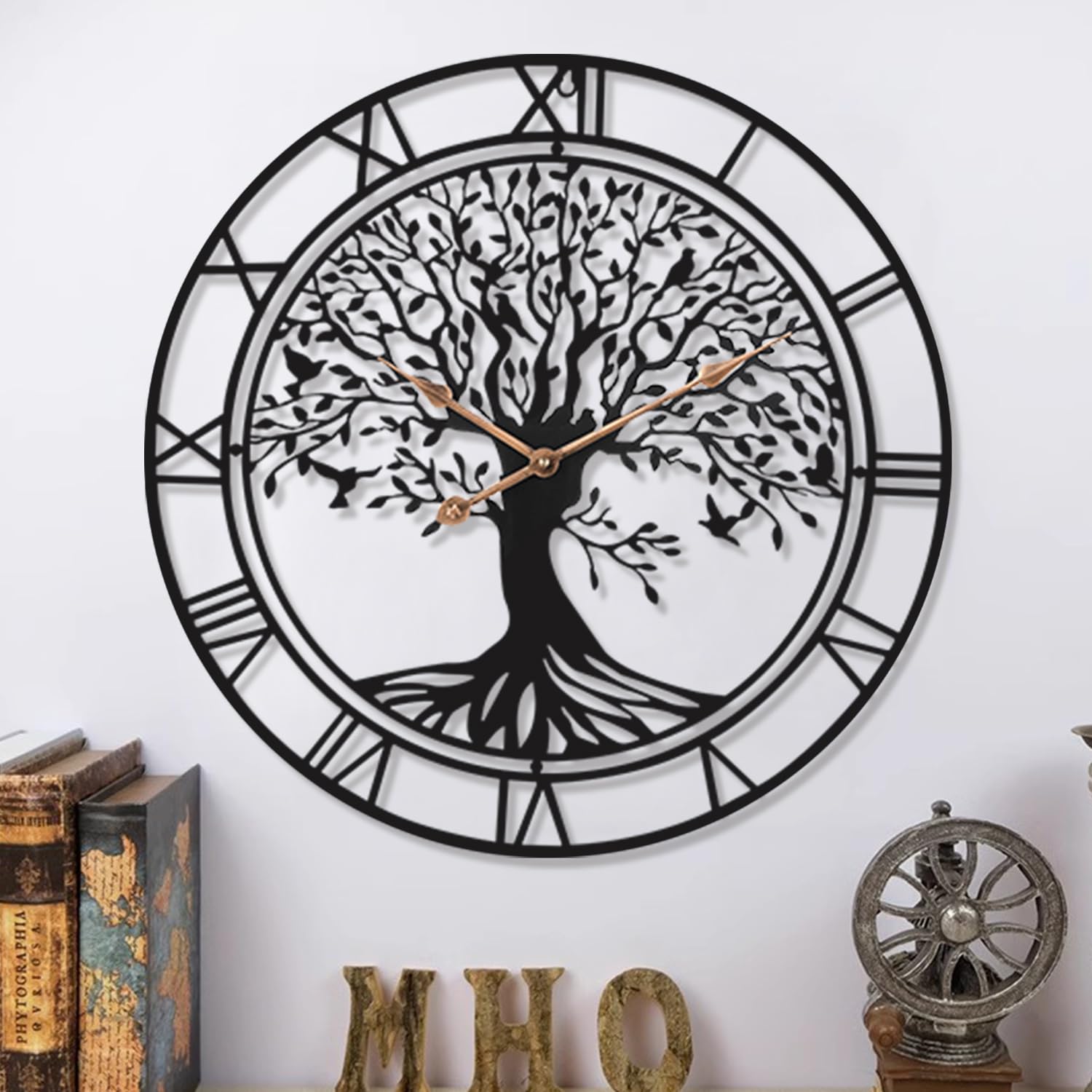 Grande albero della vita orologio da parete in metallo nero grande orologio da parete decorazione per la casa soggiorno orologi da parete con numeri Silent Mid-Century orologio moderno