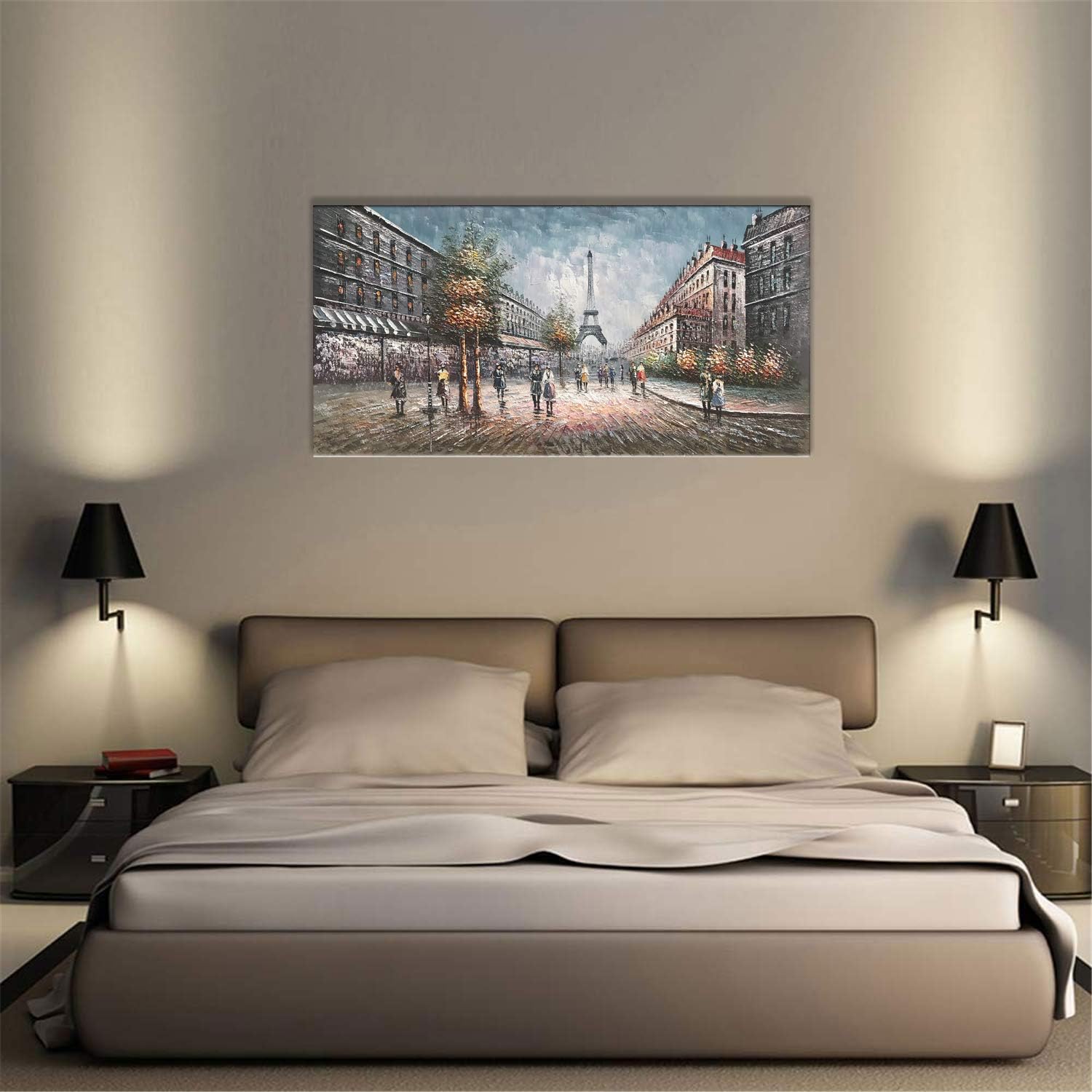 Get Discount 70% Price zoinart 100% Hand Painted Oil Paintings 24x48 inch Eiffel Tower Cityscape Wall Decorations Grey Artwork Large Abstract Modern Canvas Wall Art for Living Room Bedroom Dining Room Wall Decor