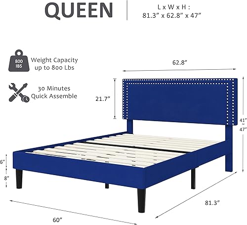Miniatura 126 de VECELO Base de cama de tamaño matrimonial con cabecera tapizada ajustable, plataforma de listones de madera, diseño sin ruido, fácil montaje Negro