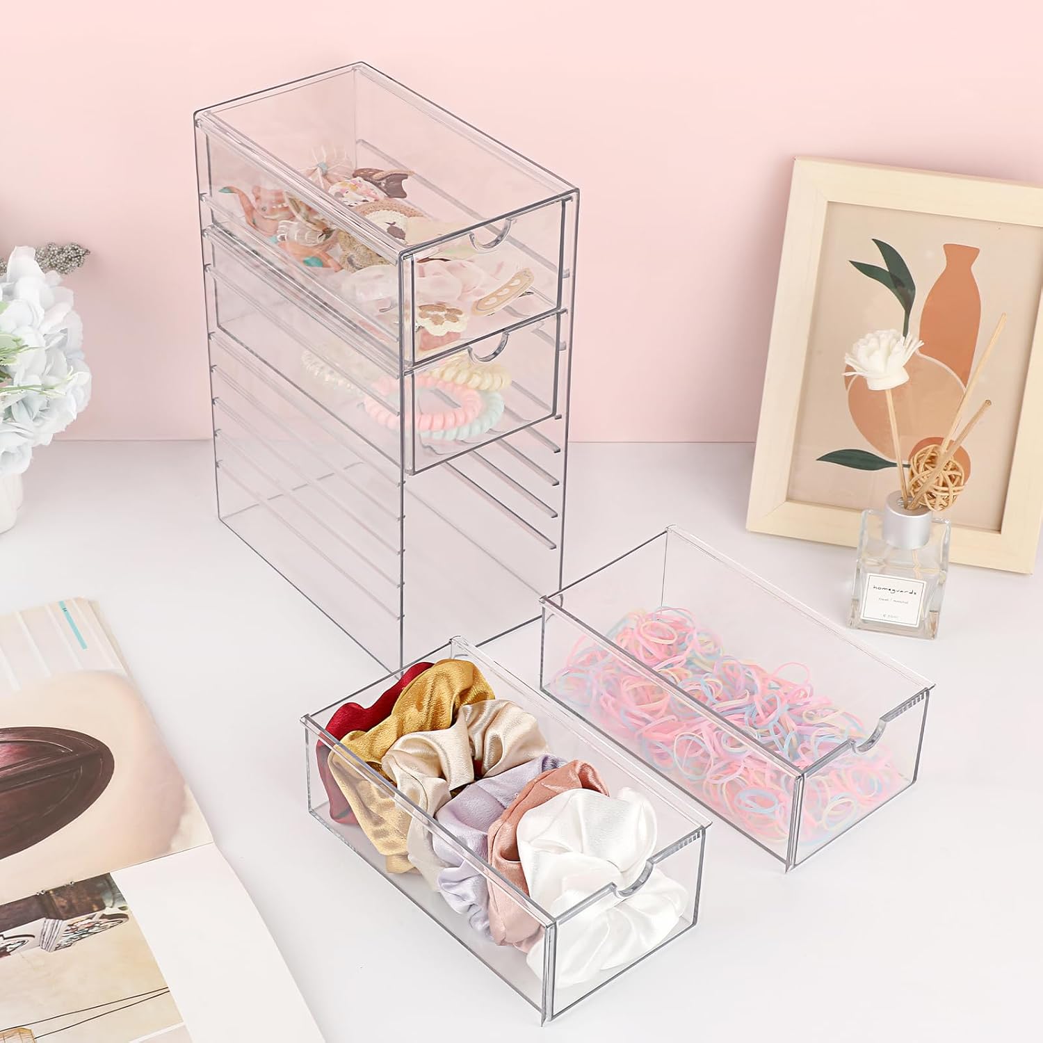 Hipiwe Plastic Drawer Organizer Clear Hair Accessories Organizer Box with 4 Pull Out Drawer Compact Storage Box for Cabinet Vanity Bathroom Pantry Office or Closet Organization