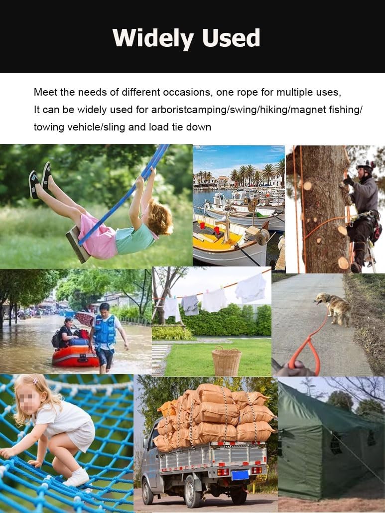 12 14 16 18 20 mm Thick Double Braided Arborist Rigging Rope，48 Strands Outdoor Pulling Heavy Duty Polyester Bull Rope for Swing Tree Work Camping Rescue Hiking(12mm,10m)