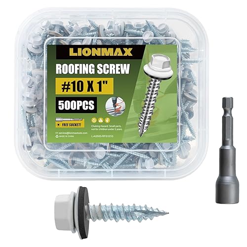 LIONMAX Tornillos de metal para techos #10 × 1 pulgada, 500 unidades, tornillos de techo de chapa de metal pintado en blanco, arandela de goma,