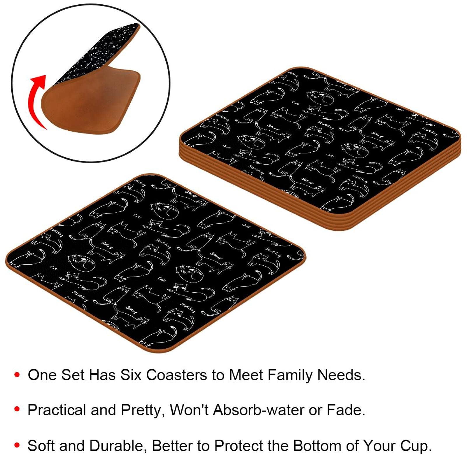 OUNONA Set 6 Sottobicchieri In Pelle PU Con Supporto - Diametro 10 Cm, Antiscivolo, Impermeabili - Nero