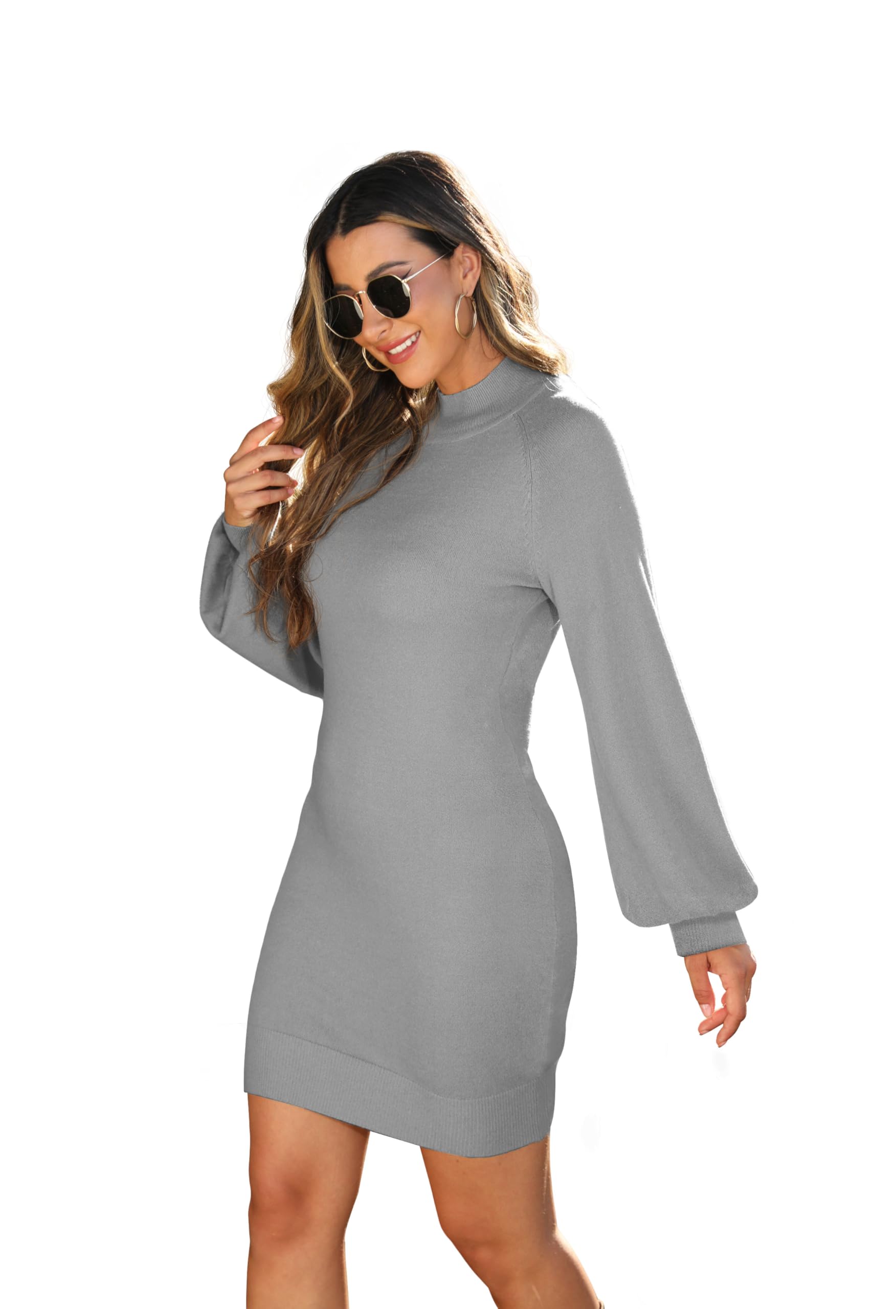 GRECERELLE Robe pull d'hiver moulante à manches longues et col montant pour femme