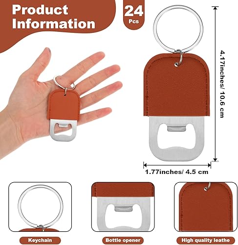Miniatura 2 de 24 llaveros de piel sintética marrón, abridor de cerveza de acero inoxidable para regalo, boda, fiesta, bar, llavero en blanco a granel