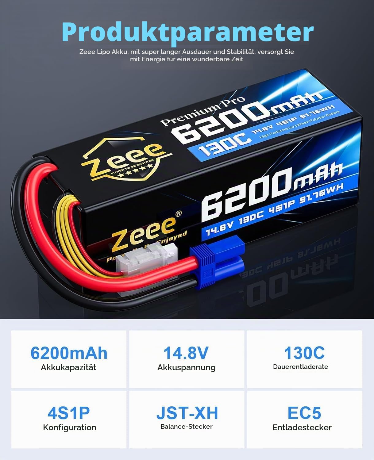 Zeee 4S Lipo 6200mAh 14,8V 130C Premium Pro RC-Akku mit EC5 Stecker(2 STK)