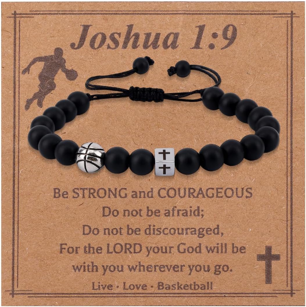 Basketball Cross Bracelet, Adjustable Beaded Sport Woven Bracelet for Men Players Baptism Confirmation Birthday Jewelry Gift