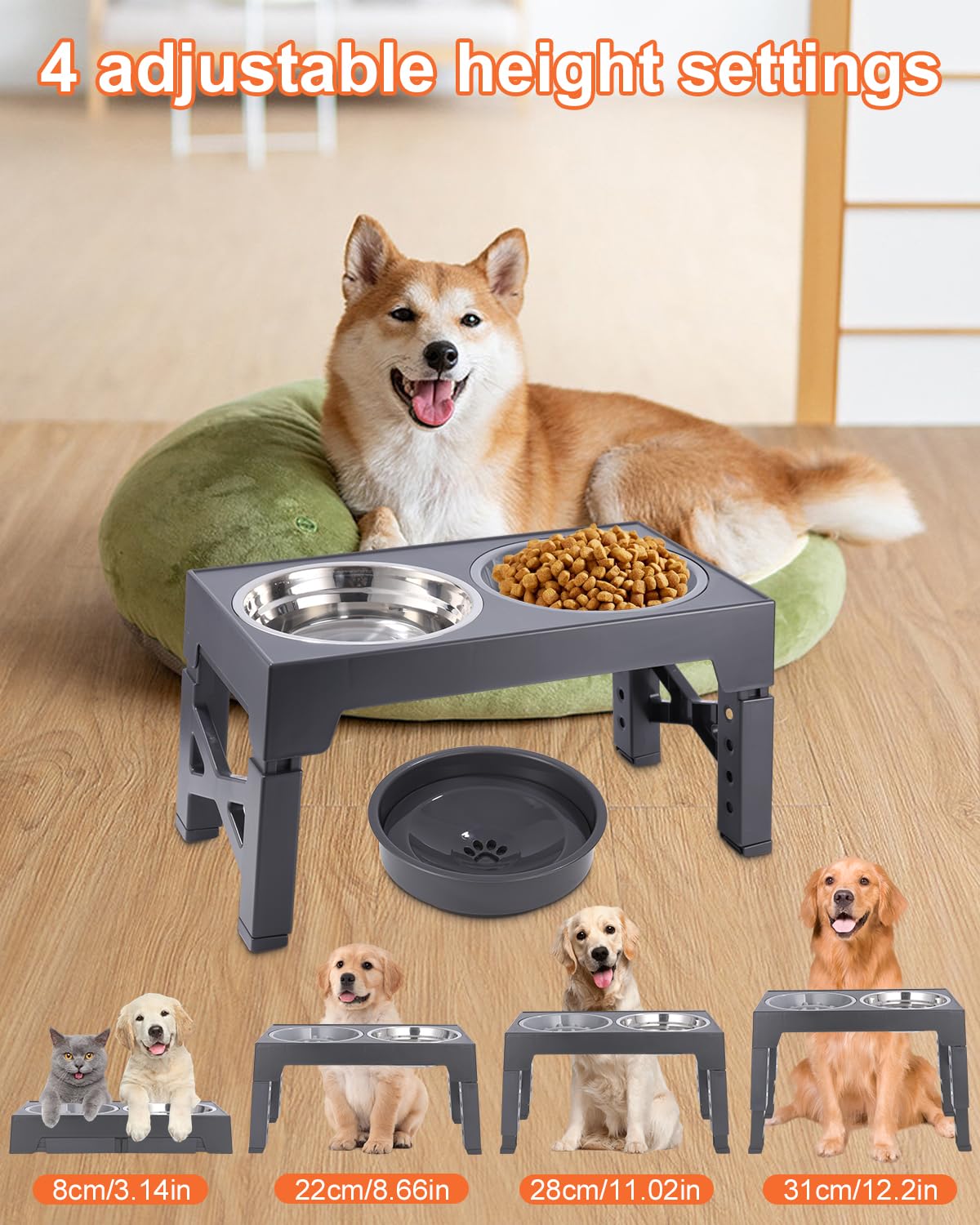 TIDEVAN Ciotole Rialzate per Cani Ciotola per Cani Rialzata Ciotole Regolabili in Altezza 4 Supporti Altezza con Ciotola per Alimentazione Lenta e Ciotola Galleggiante e Acciaio Inossidabile (Grigio)