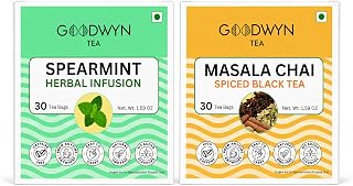 Goodwyn Spearmint Herbal & Masala Chai Tea Bundle, 60 Tea Bags | 60 bags of Spearmint Herbal and Masala Chai Tea; plastic-free bags; no preservatives or artificial flavors; hot or iced