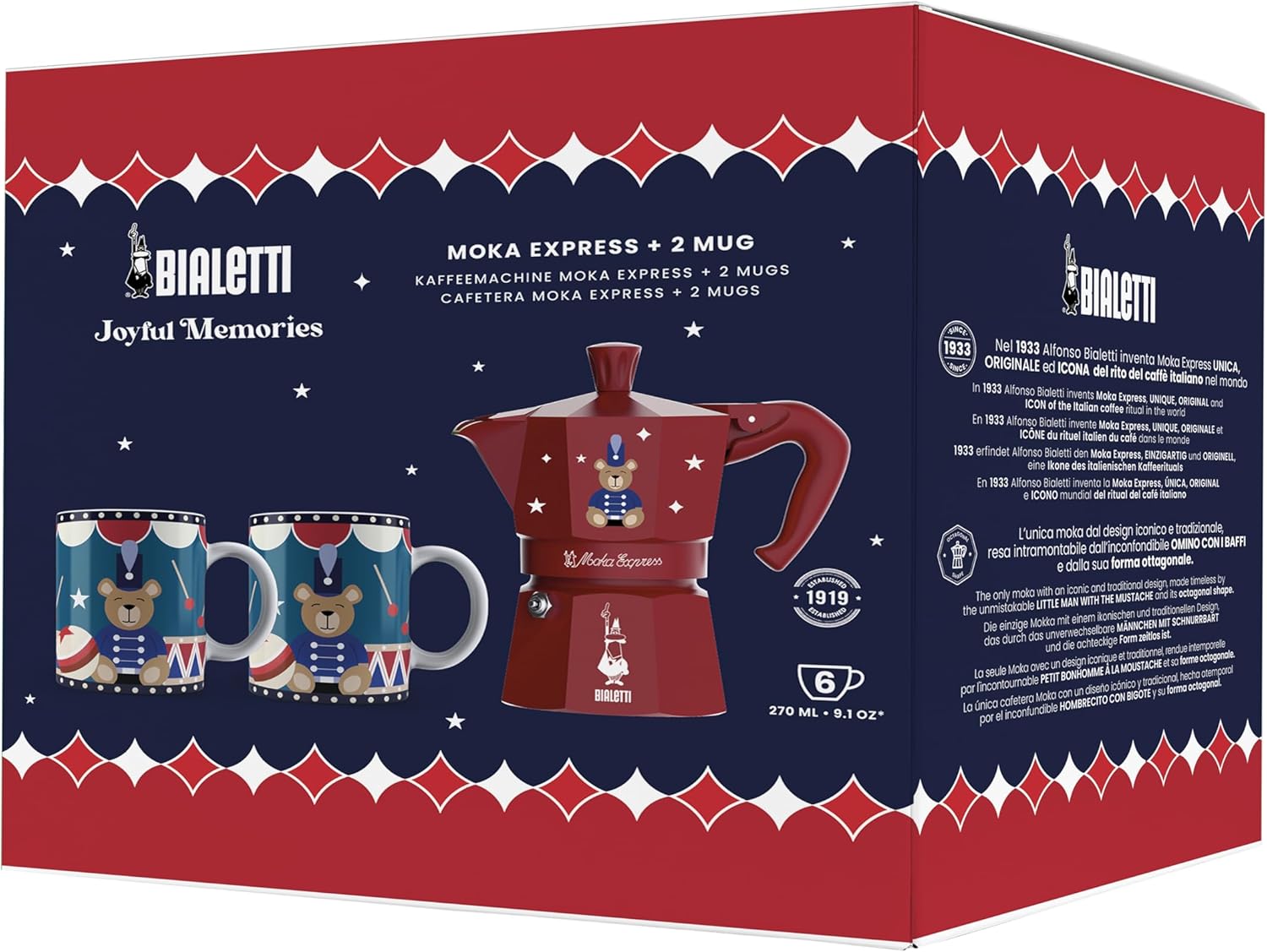Bialetti - Joyful Christmas Set of Moka Express 6 Cups (9.1oz) + 2 Mugs 10z Set