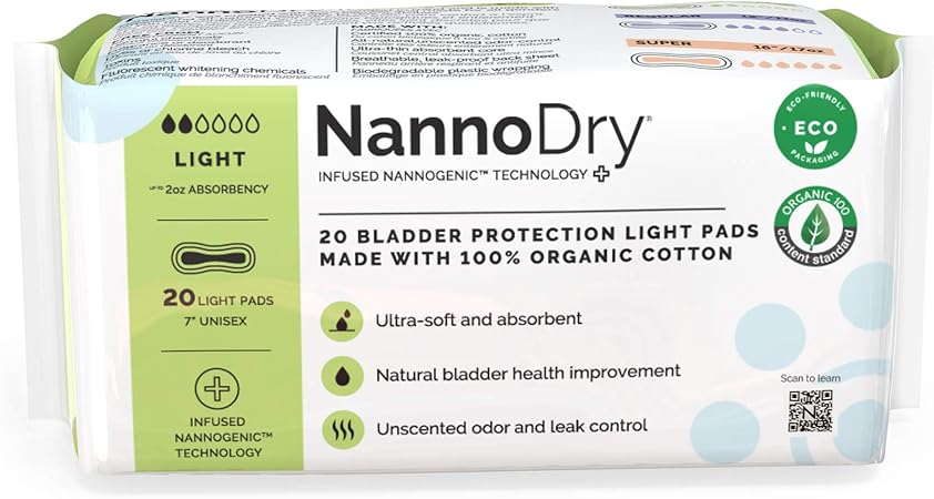 NannoDry Natural Incontinence Pads - Organic Cotton Bladder Leakage Pads - Pregnancy, Postpartum & Menopause Pads for Women and Men - 20 Light Incontinence Pads (20 Count (Pack of 1))