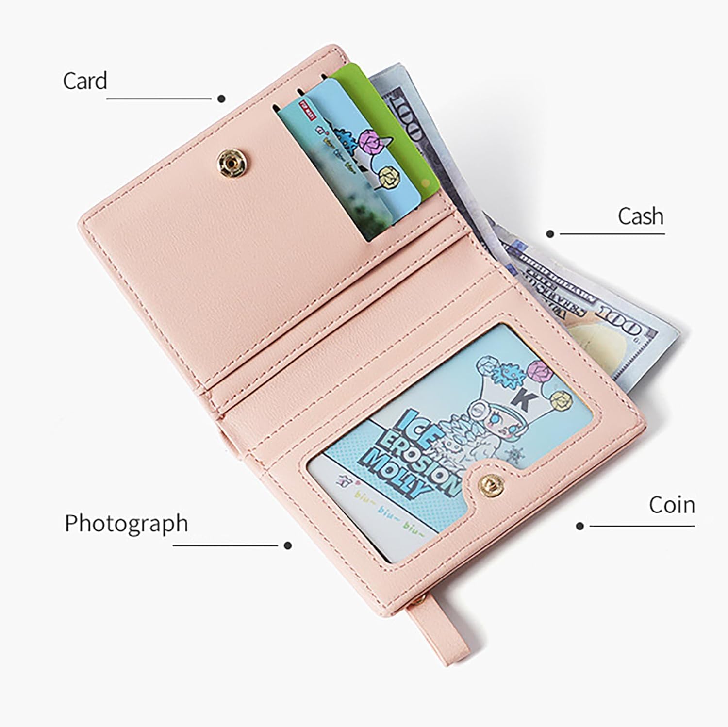 Women's Leather Small Zip Wallet Purse Slim Short Wallets with 7 Card Slots, Pink, 10cm * 8cm * 3cm, Modern