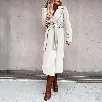 Dames wintermantel lange wollen mantel warme overgangsjas effen slim revers blazer jas elegant windjack mode overcoat, wit, XL