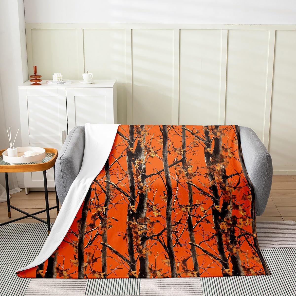 Erosebridal Orange Camo Throw Blanket Queen 90x90 Inch Sofa Bed Decor,Camouflage Fleece Blanket for Kids Teens Adults,Rustic Farmhouse Cabin Bed Blanket,Country Woodland Hunting Flannel Blanket
