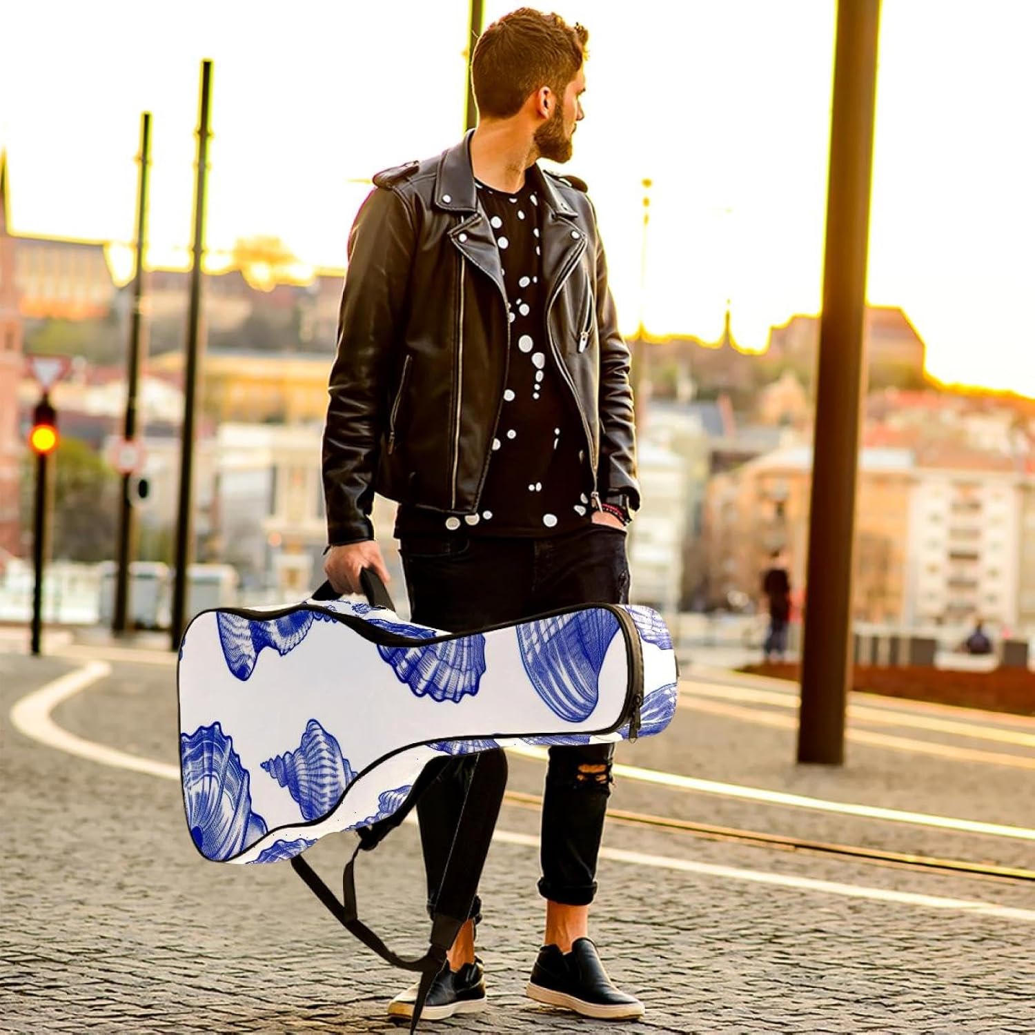 40 41 42 Inch Guitar Bags, Waterproof Padded Acoustic Guitar Case Backpack with Adjustable Shoulder Strap & Pockets, Blue Seashells Seamless