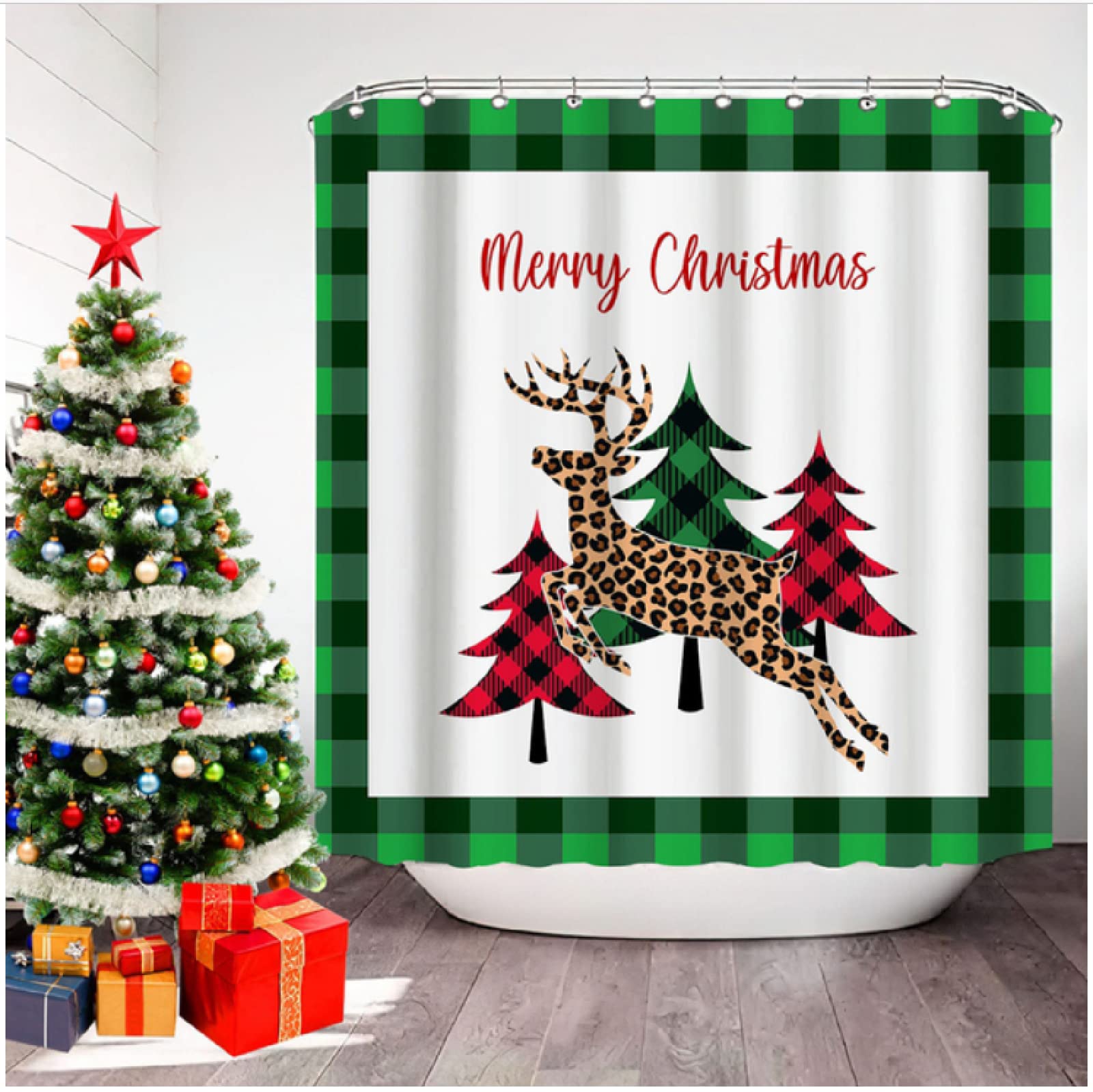 Christmas tree redShower Curtain, Shower Curtains Bathroom Waterproof/Shower Curtains Mould Proof Resistant With 12 Hooks and Weighted Hem Unique Printed