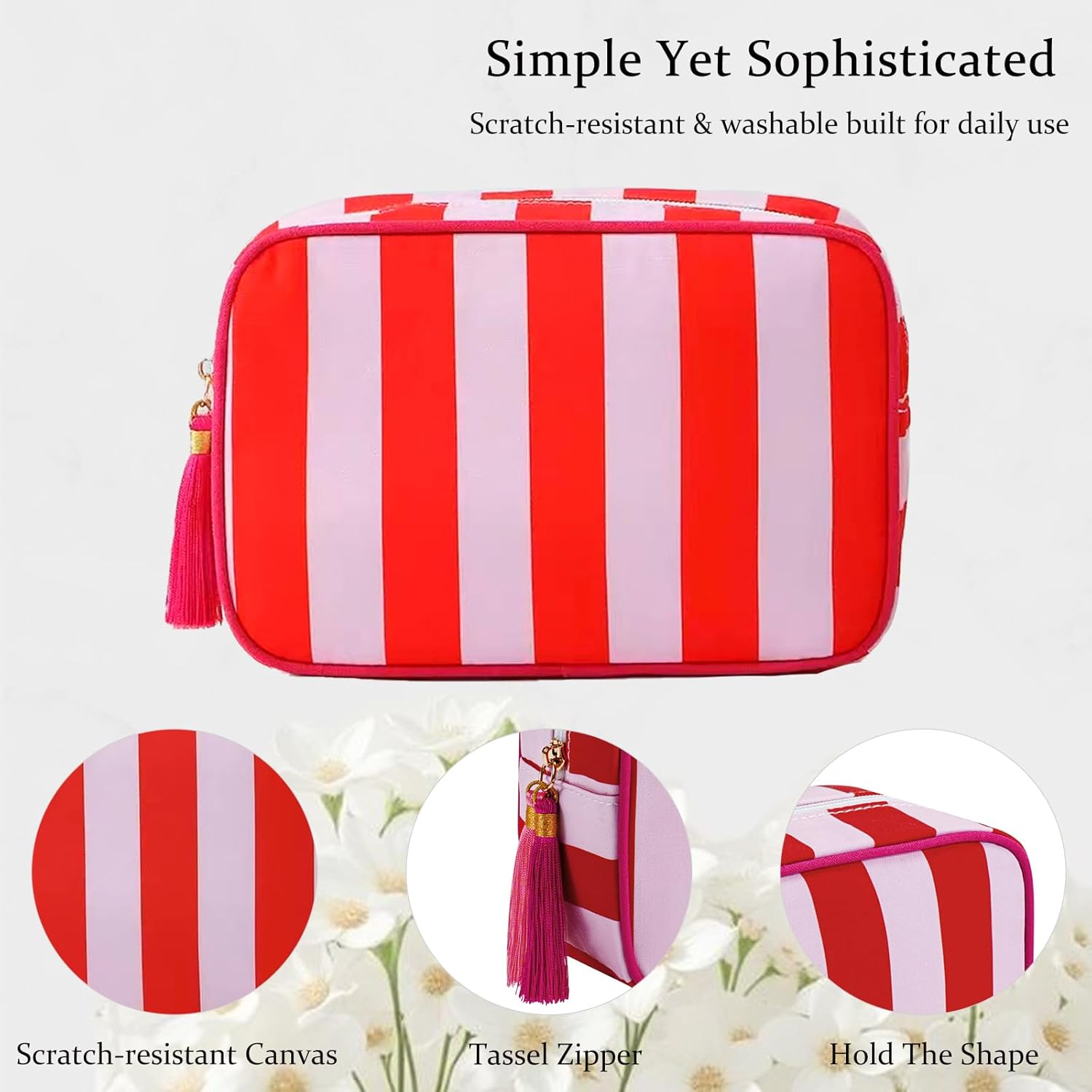 Large Stripe Canvas Zipper Makeup Bag,Aesthetic Tassel Travel Cosmetic Bag,Coquette Toiletry Bag, Girls Handbags Purses,Accessories Storage Bag for Women Girls (Red) - Image 3