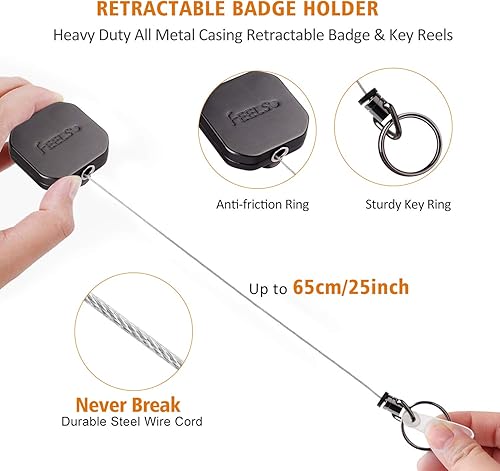 Miniatura 3 de FEELSO Carrete retráctil de metal resistente con clip para cinturón y 6 soportes de plástico para tarjetas de identificación, cable de alambre de