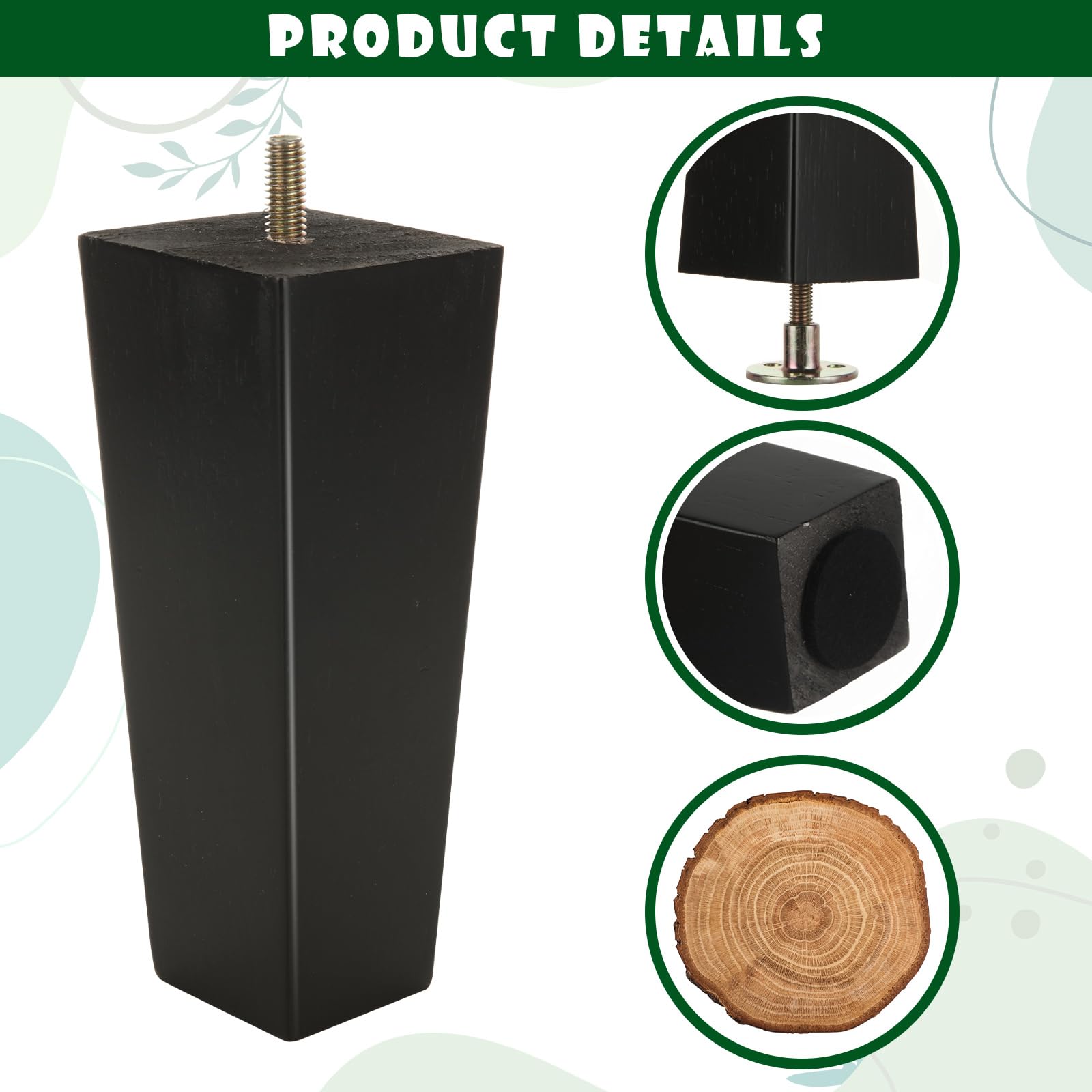 VIDETOL Black Wooden Furniture Legs Set of 4, 6 inch / 15 cm Square Sofa Legs - Image 3