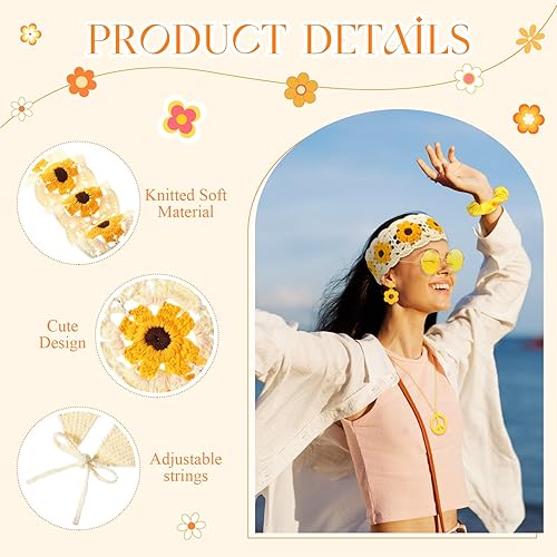 Miniatura 2 de Remuuly 5 piezas de accesorios hippie de los años 60 y 70 para mujer, diadema de punto de flores, trajes retro de los años 70, disfraz hippie