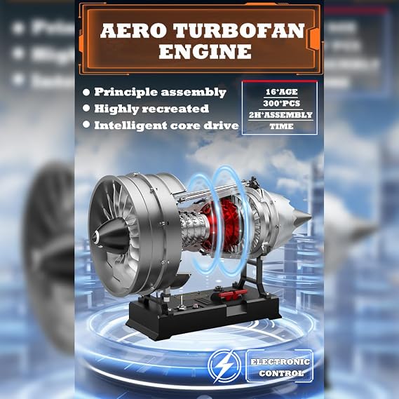 ENGINEMECH DM121 Turbofan Engine Model Kit, 300+ PCS Metal DIY Jet Engine, Dual-Spool High Bypass Ratio, 1/12 Scale Electric-Powered STEM Education Model for Aviation Collectors