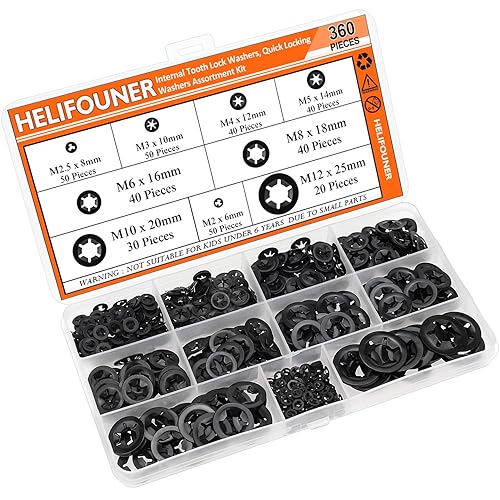 Miniatura 8 de HELIFOUNER 360 piezas de 9 tamaños de arandelas de bloqueo de estrella con diente interno, arandelas de bloqueo de velocidad rápida, tuercas de