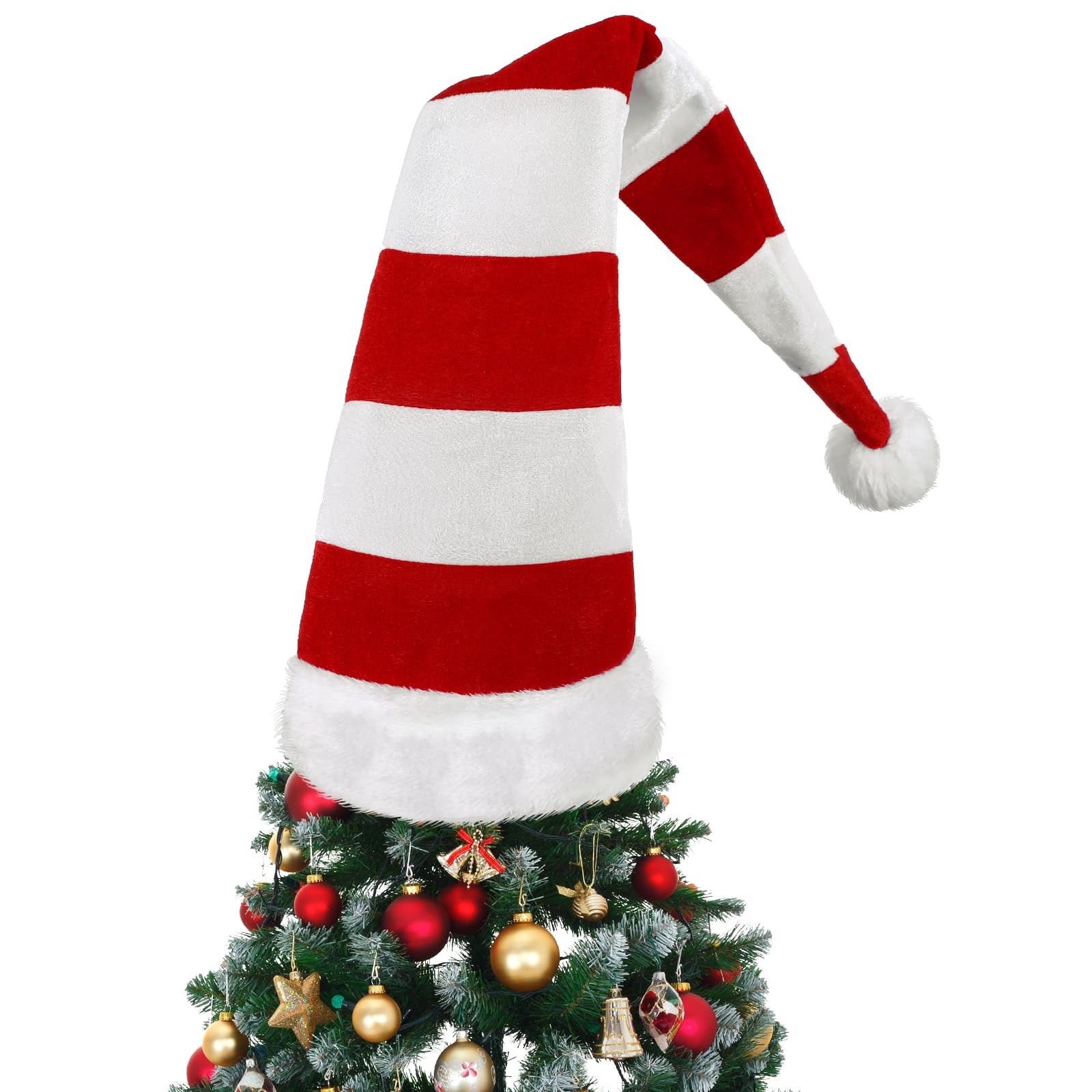 Knitgrip 38'' x 12'' Christmas Tree Topper Hat Tree Topper Red White Striped Hat Christmas Tree Topper Decor Xmas Tree Decor for Christmas Tree Ornament Holidays Party Decoration