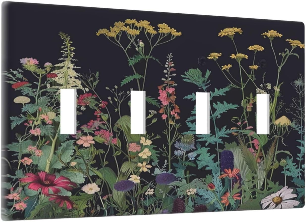 Light Switch Cover Boho Wildflowers Herbs Floral 4 Gang Switch Plate Quad Toggle Wall Plates Decorative Switchplate Electrical Outlet Cover Plates for Bathroom Bedroom Decor