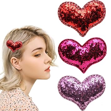 3Colors Valentine Heart Hair Clips Glitter Sequin Heart Hairpins Hair Barrettes Red Pink Rose Red Hair Pins Hair Accessories for Women Girls Heart Claw Clips for Valentine Themed Party