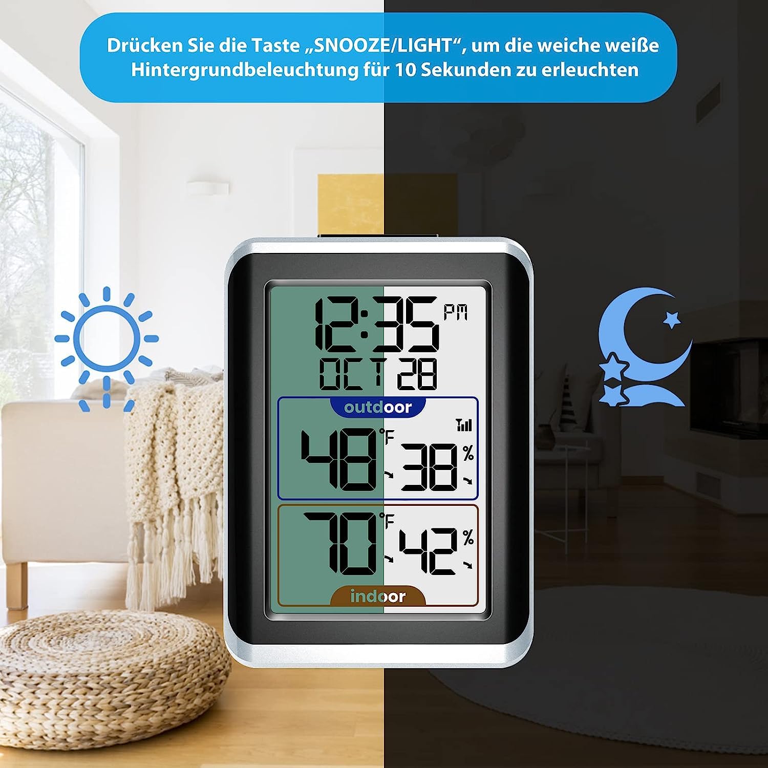 Image demonstrating the backlight feature of the thermometer, showing the display illuminated in a dark room.