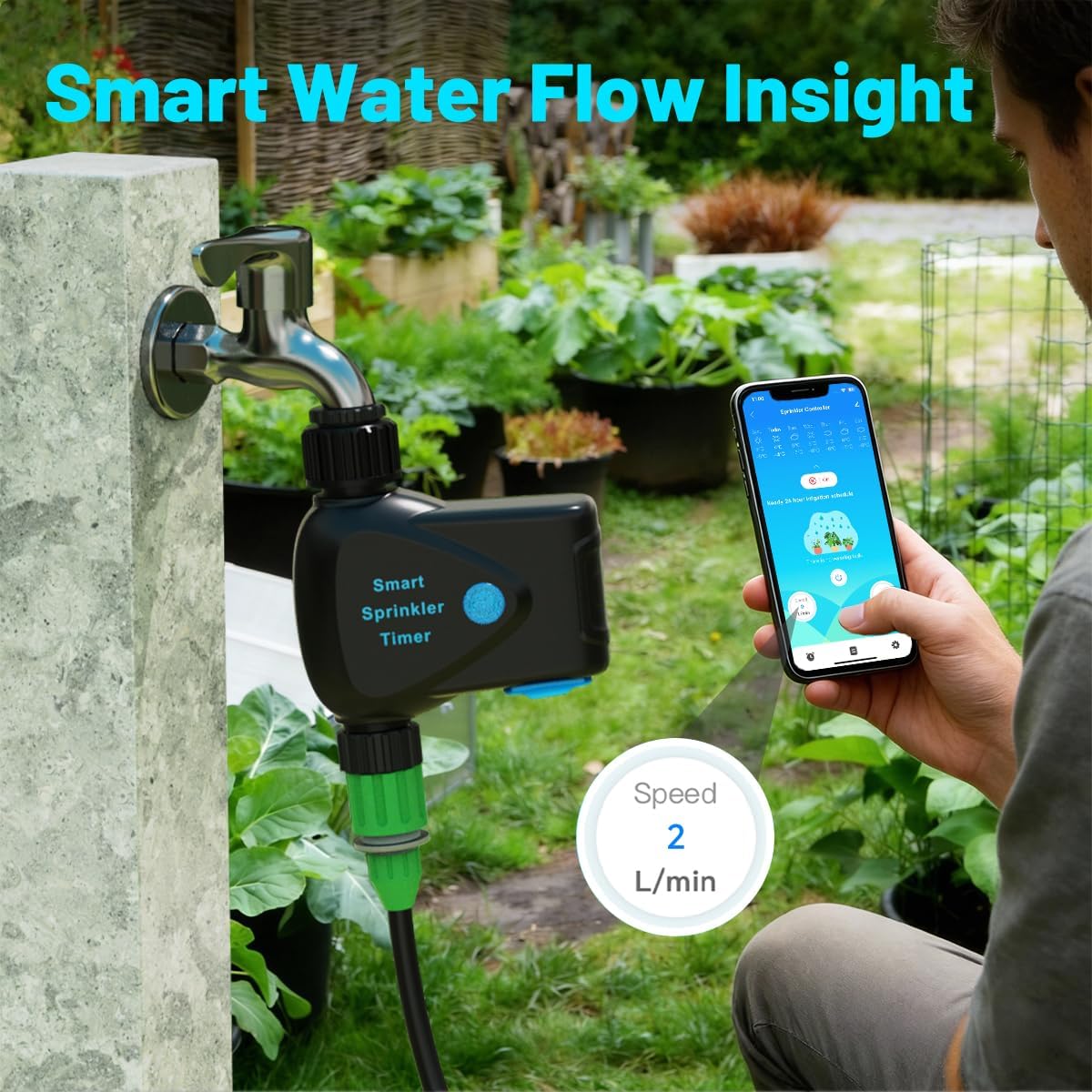 Water Timer for Garden Hose, 2.4GHz WiFi Smart Hose Sprinkler Timer with Tuya/Smart Life App, GreenVation Measure Gallon/Liter Consumption and Flow Rate, Water Flow Meter