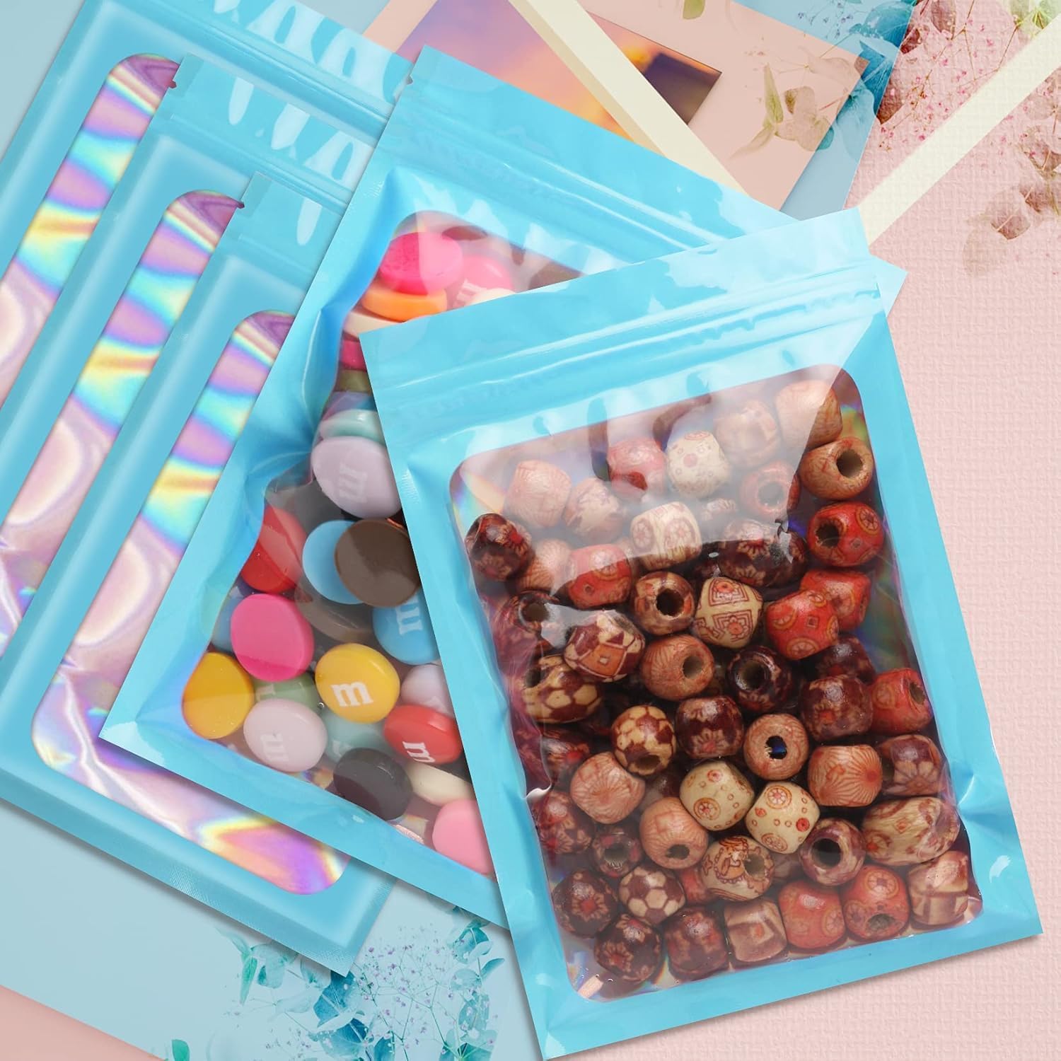 Funfery 100pcs Blue Mylar Holographic Bags-Resealable Zipper&Clear Window image 2