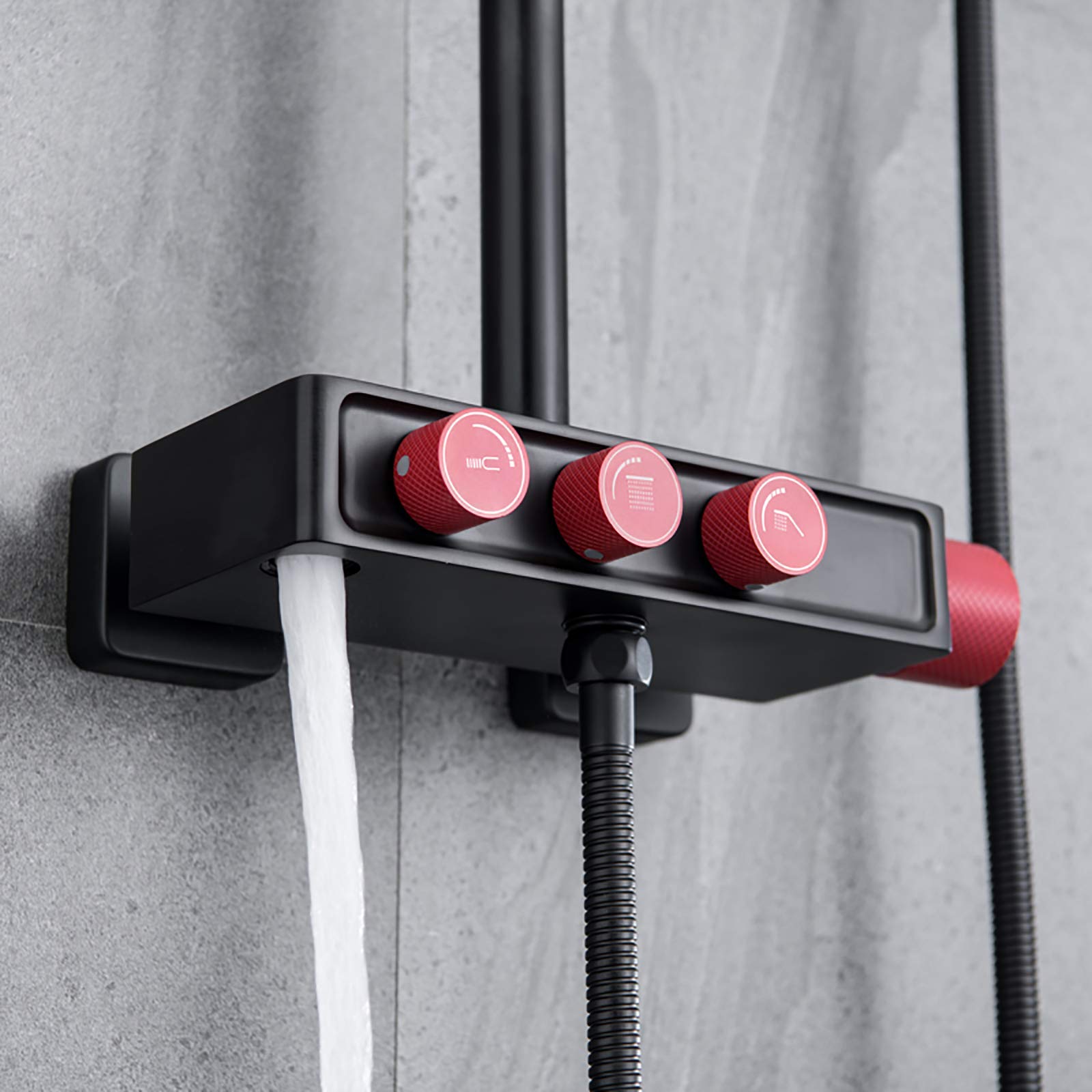 Set Doccia Multifunzionale con Rubinetto Doccia a Parete, soffione a Pioggia, doccetta a Mano e Rubinetto per Vasca da Bagno, Colore Grigio, Rosso e Nero.,