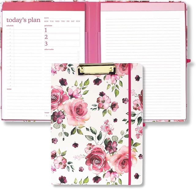 Steel Mill & Co Cute Clipboard Folio with Refillable Lined Notepad and Daily Planner Notepad, Double Notepad Clipboard Folder, 12.25" x 9.25" Padfolio for Work, Rose Floral