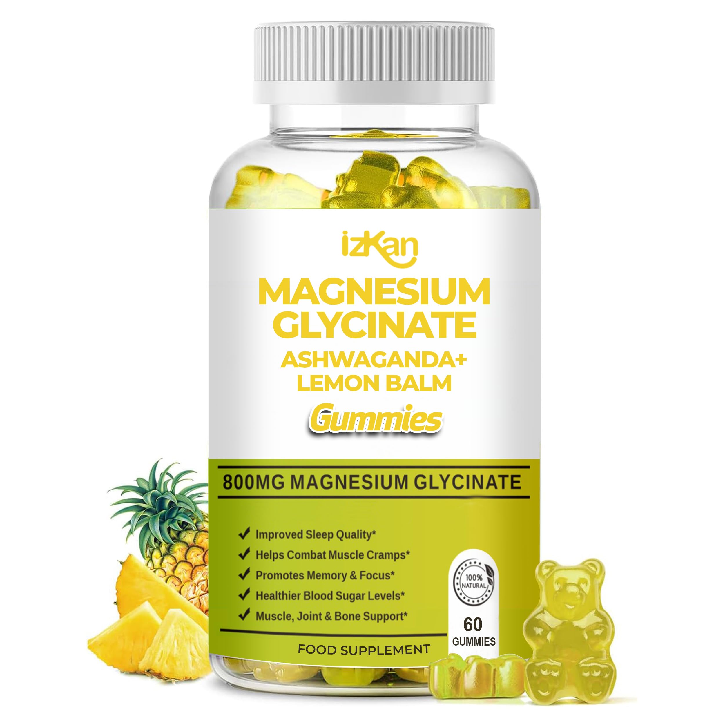Magnesium Glycinate Gummies 800mg - Sugar Free Supplement for Adults & Kids with Ashwagandha, Lemon Balm Extract & CoQ10 for Calm Mood & Muscle, Immune Support - 60 Gummies (Pineapple Flavor)