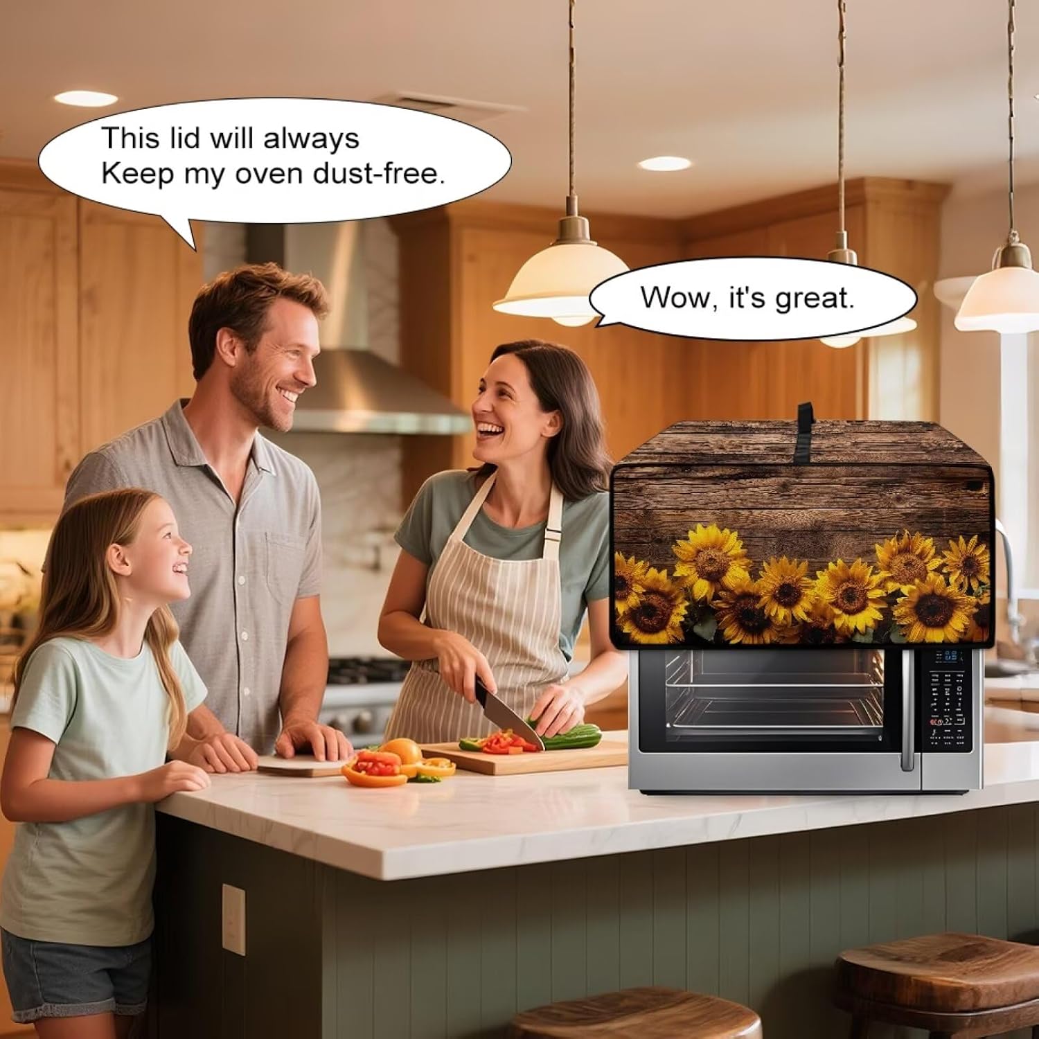 Wooden Board Sunflower Print Toaster Oven Cover with Storage Pockets, Heat-resistant Dust-proof Microwave Oven Cover, Fit Most Small Appliances, Brown (Small-14.5 * 18.46 * 9 inches)