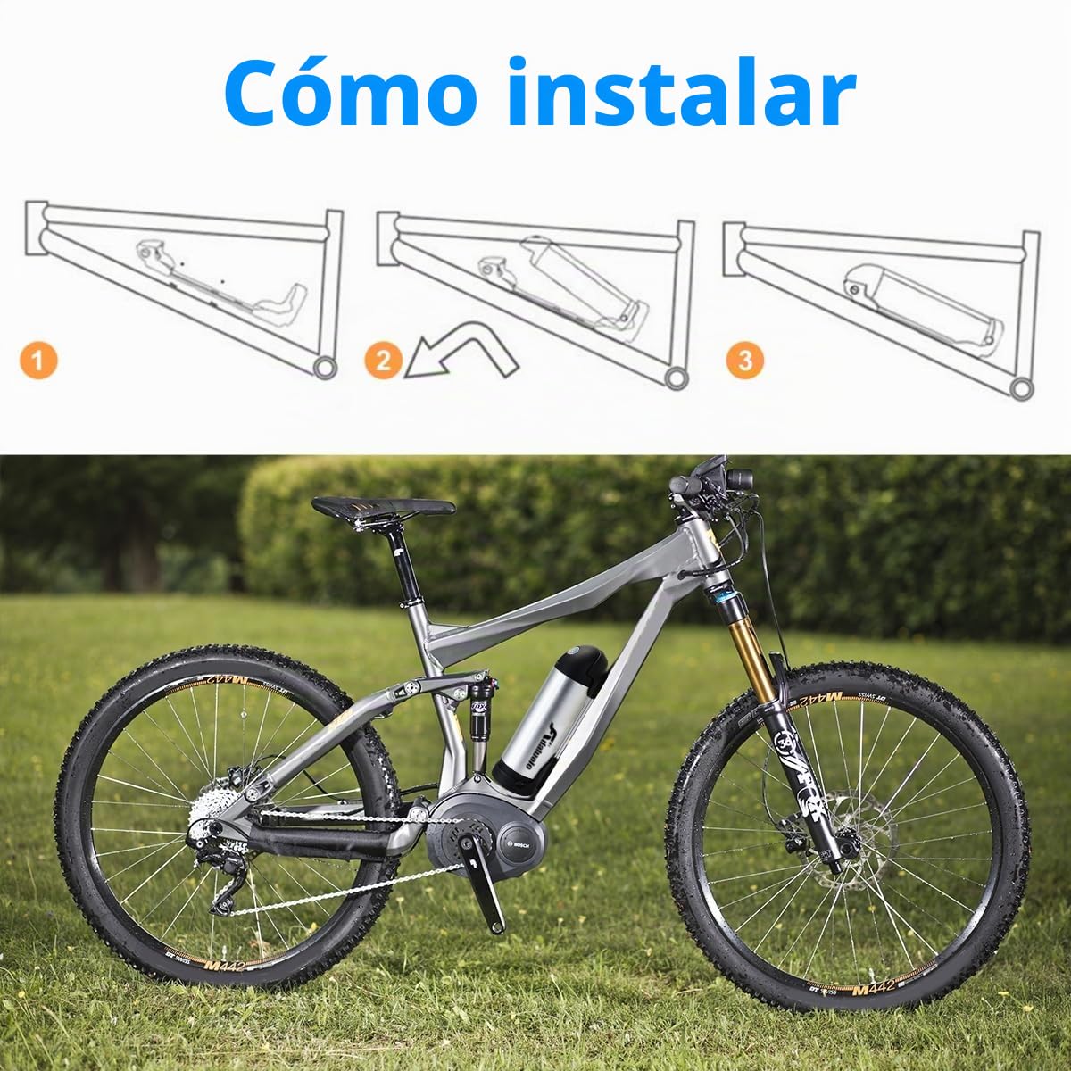 Batería Ebike Botellas 36V 10AH - Plata Batería Bicicleta Eléctrica de Litio Bateríe Extraíble con Cargador, Luz Indicadora & Base de Montaje