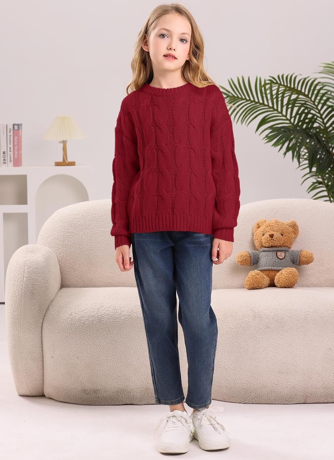 Girls Cable Knit Sweaters Chunky Long Sleeve Crewneck Drop Shoulder Warm Pullover Sweater Tops Size 5-14Y - Image 5