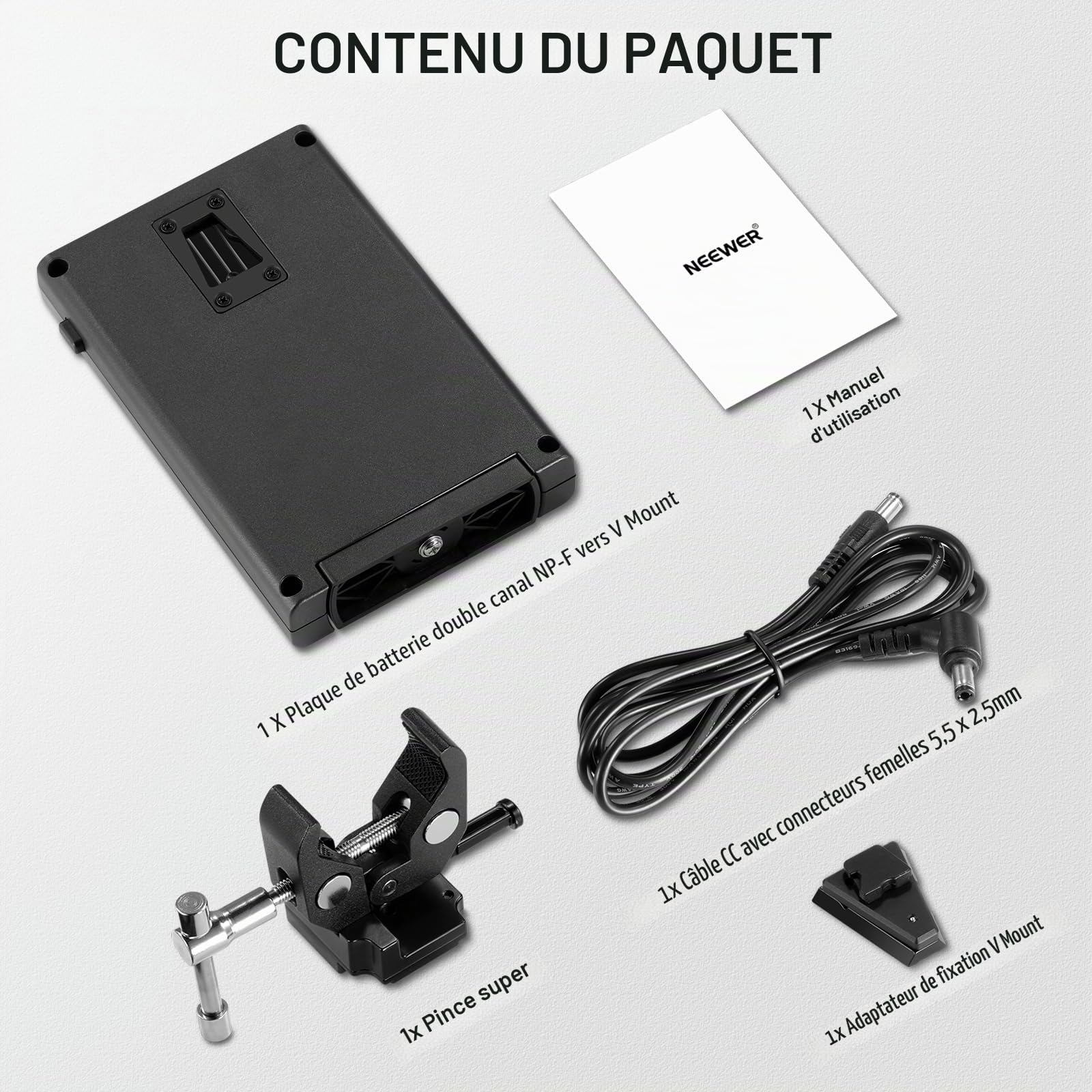NEEWER Adaptateur convertisseur de Batterie NP-F vers Support V, avec Support de Poteau Super Pince, Plaque Double Canal Compatible avec Sony npf Batterie F970 F750, câble CC 5,5 x 2,5mm, PS010E