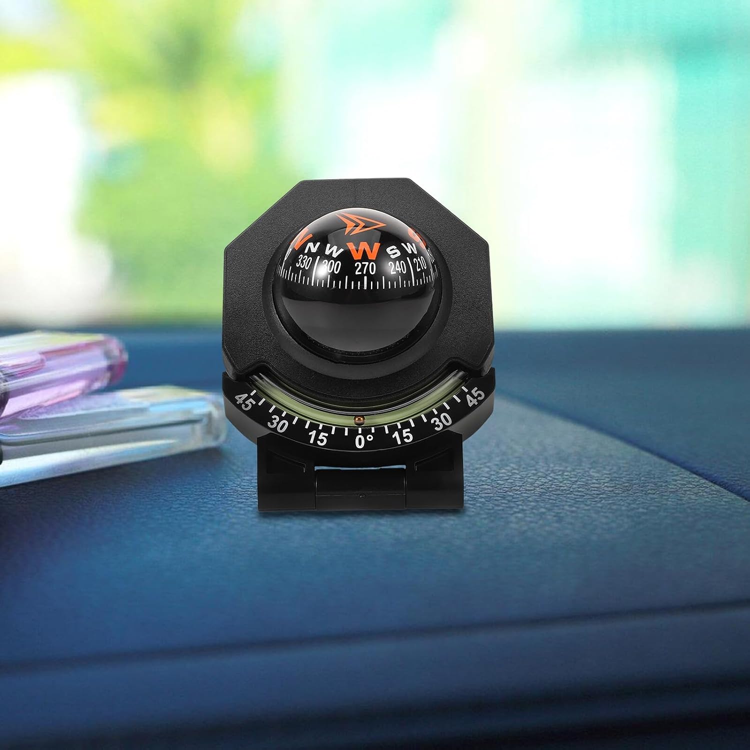 Car Compass Ball Dash Mount with Inclinometer, High Precision Foldable Automotive Compass for Dashboard Navigation, Suitable for Cars, Boats, and Outdoor Driving