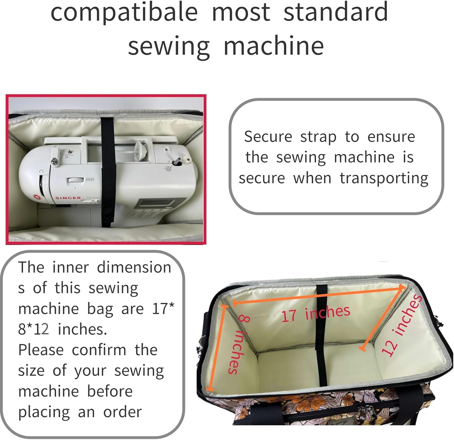 Rolling Sewing Machine Bag with Five 360-Degree Rotating Wheels,Sewing Machine Carrying Case Fits for Most Standard Sewing Machines,YKK zipper,Hard Bottom Pad (Floral)