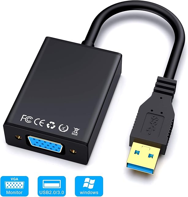 USB 3.0 to VGA Adapter, ABLEWE USB 3.0/2.0 to VGA 1080P Adapter (Male to Female), Multi Monitor External Video Graphic Card Cable Converter for Windows 11/10/8.1/8/7 (Black)