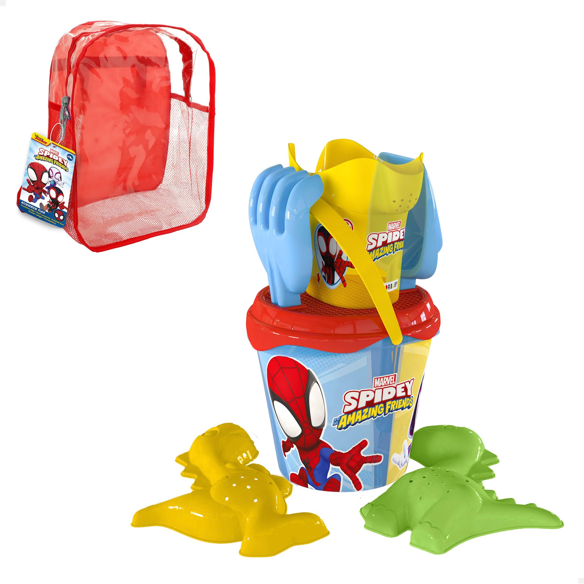 ColorBaby 77382 - Marvel Spidey y su superequipo Set de Playa Infantil, Conjunto de Cubo de Playa con Pala, rastrillo, regadera y Accesorios, Mochila de Playa para niños, Set Juguetes Infantil