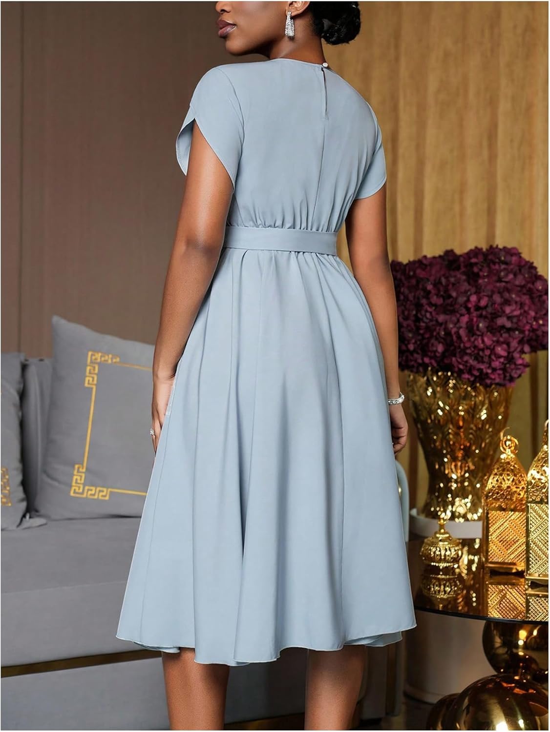 Floerns Women's Elegant Petal Sleeve A Line Dress Keyhole Neck Flowy Work Wedding Guest Dresses - Image 3