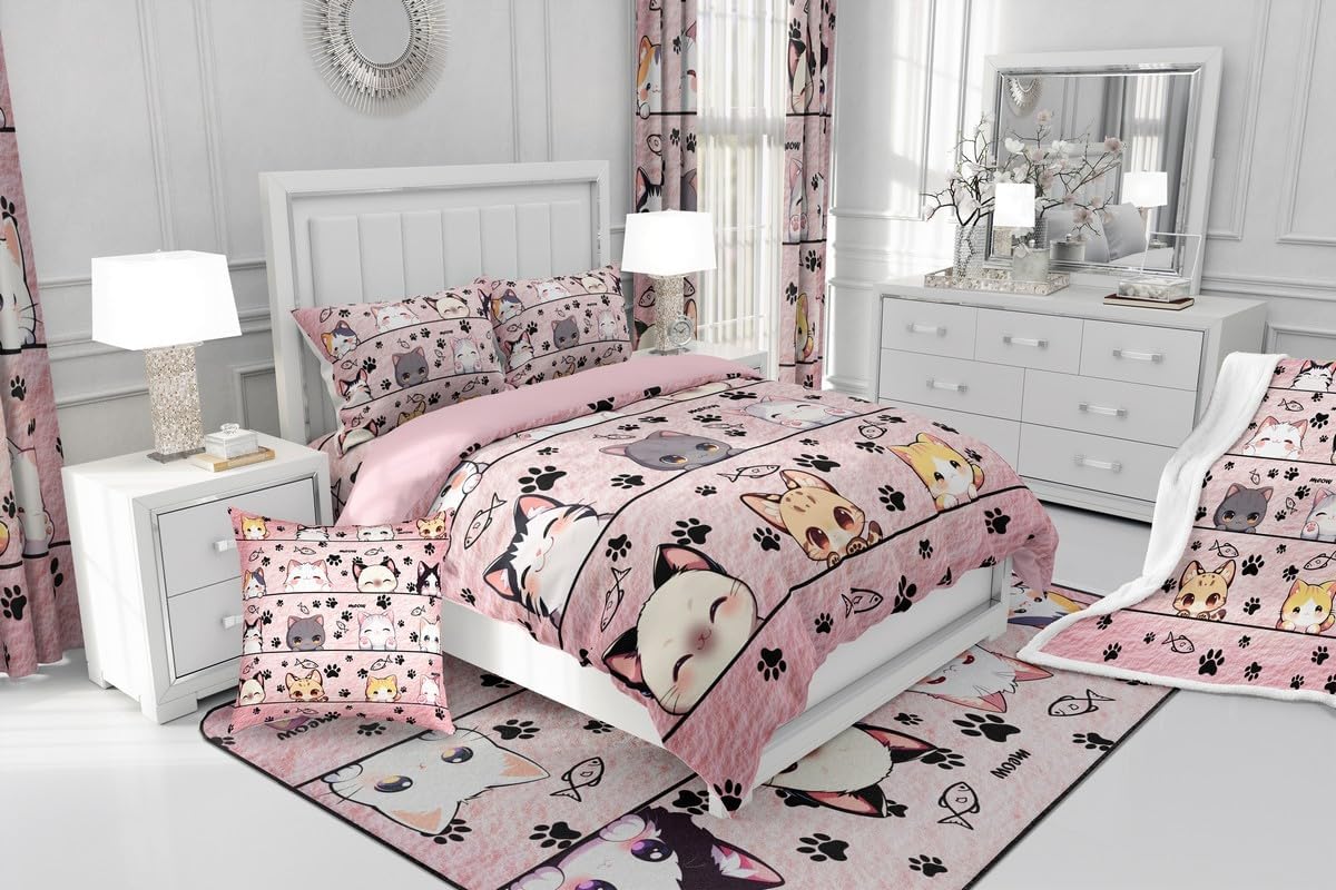 Manfei Kawaii Cat Duvet Cover Cartoon Pet Kitten Pet Bedding Set Cartoon Style Pink Animals Comforter Cover(No Filler) for Boys Girls Kids Room Decor Bedding Set Twin Size with 1 Pillowcase