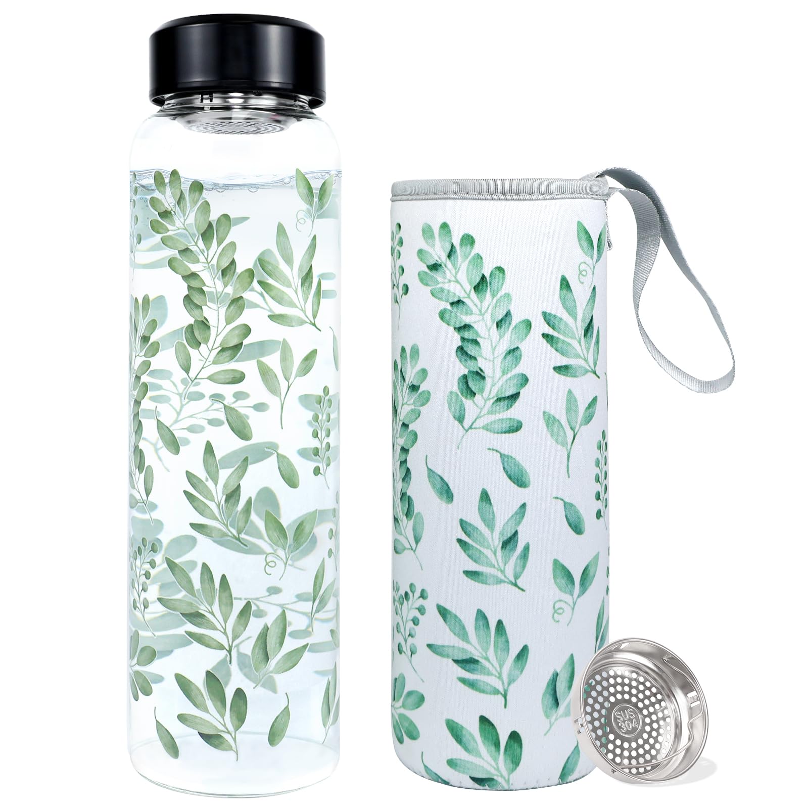 Gourde En Verre Borosilicate 1 Litre - Ouverture Large 5,5 Cm Avec Filtre Inox - Sans BPA, étanche - Design Floral (Bleu-Violet)