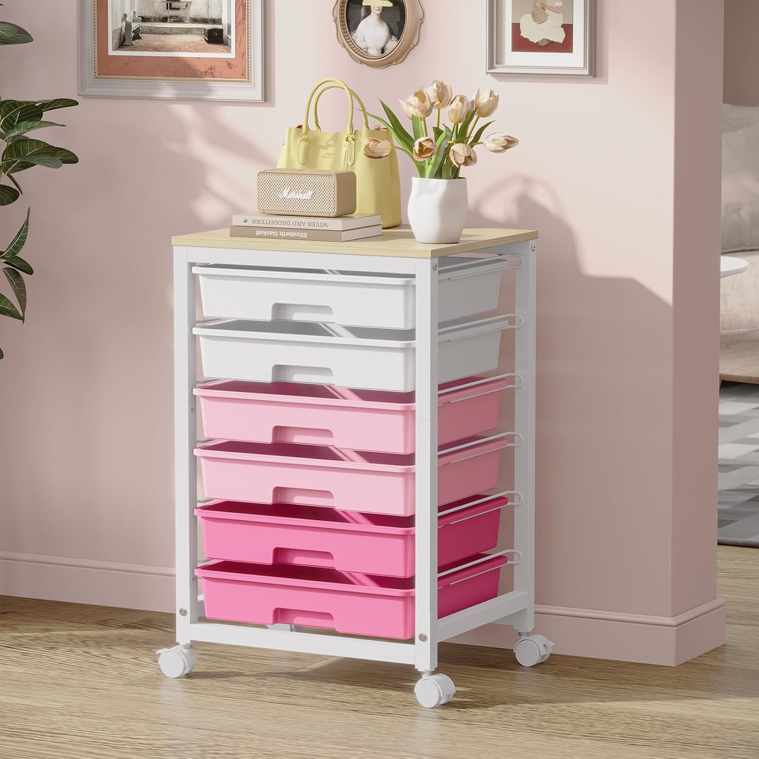 Rolling Cart with Drawers,Utility Cart with 6 Drawers,Rolling Storage Cart with Drawers and Wooden Tabletop & Lockable Wheel,Pink