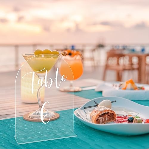 Miniatura 38 de JOYIT Números de mesa de boda de arco del 1 al 30 con soportes: letreros acrílicos impresos de doble cara de 5 x 7 pulgadas con fondo negro y texto